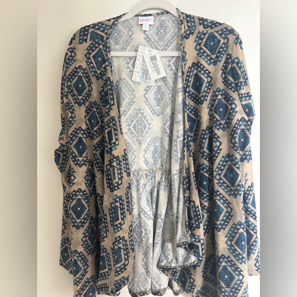 LuLaRoe Blue and Tan Geometric Cardigan